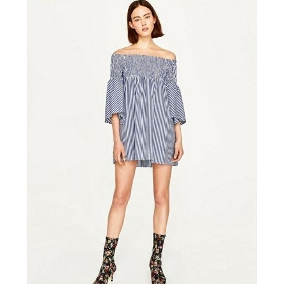 Zara Off Shoulder Striped Summer Bell Sleeve Dress - Picture 3 of 14